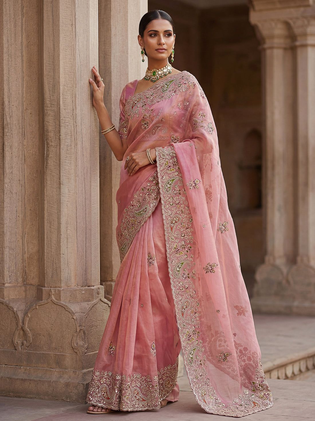 Sparkling Pink Thread Work Silk Wedding Wear Saree With Blouse