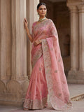 Sparkling Pink Thread Work Silk Wedding Wear Saree With Blouse
