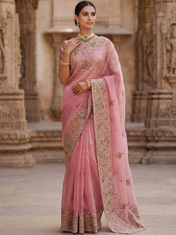 Sparkling Pink Thread Work Silk Wedding Wear Saree With Blouse