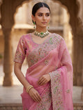 Sparkling Pink Thread Work Silk Wedding Wear Saree With Blouse