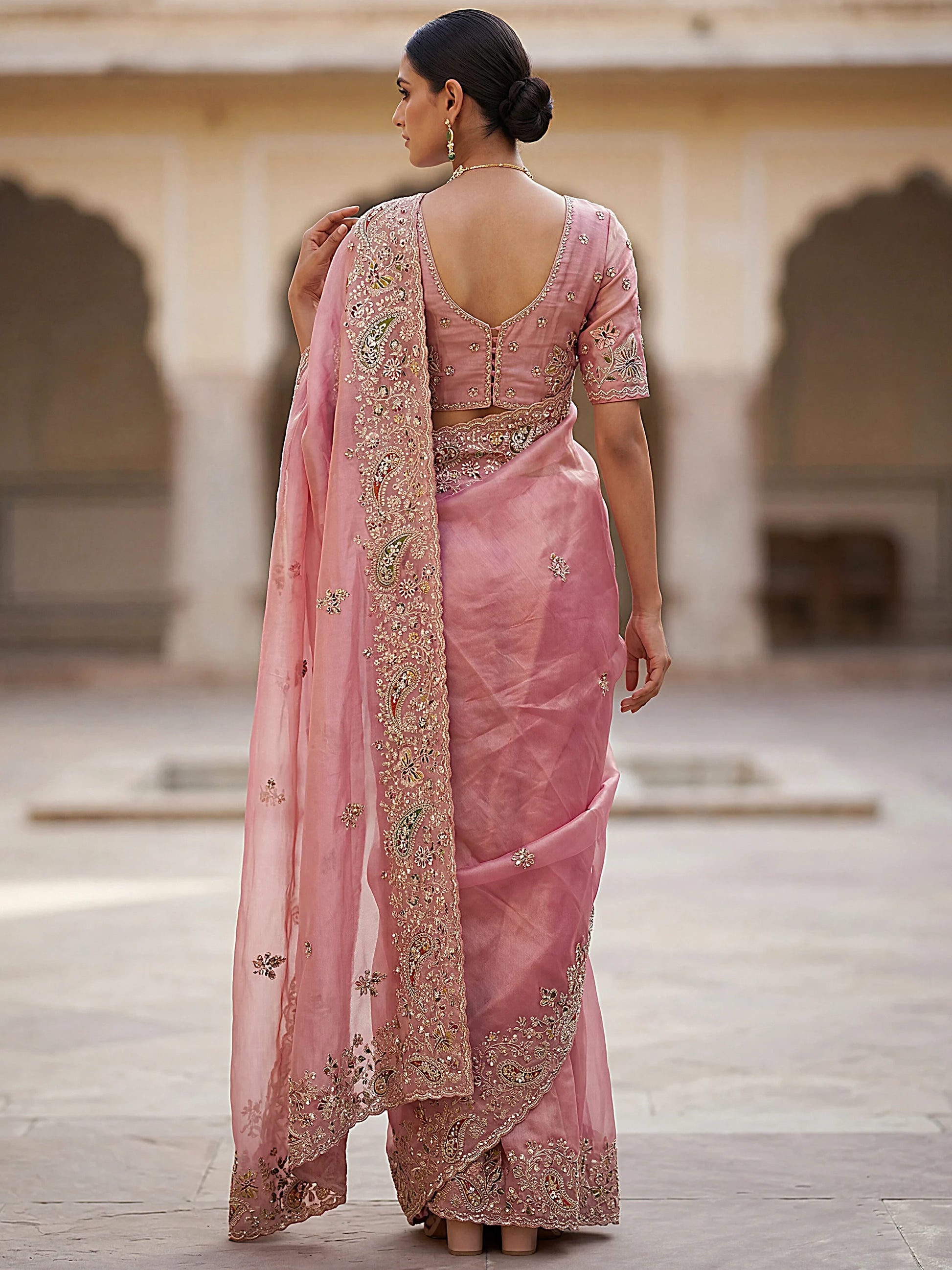Sparkling Pink Thread Work Silk Wedding Wear Saree With Blouse