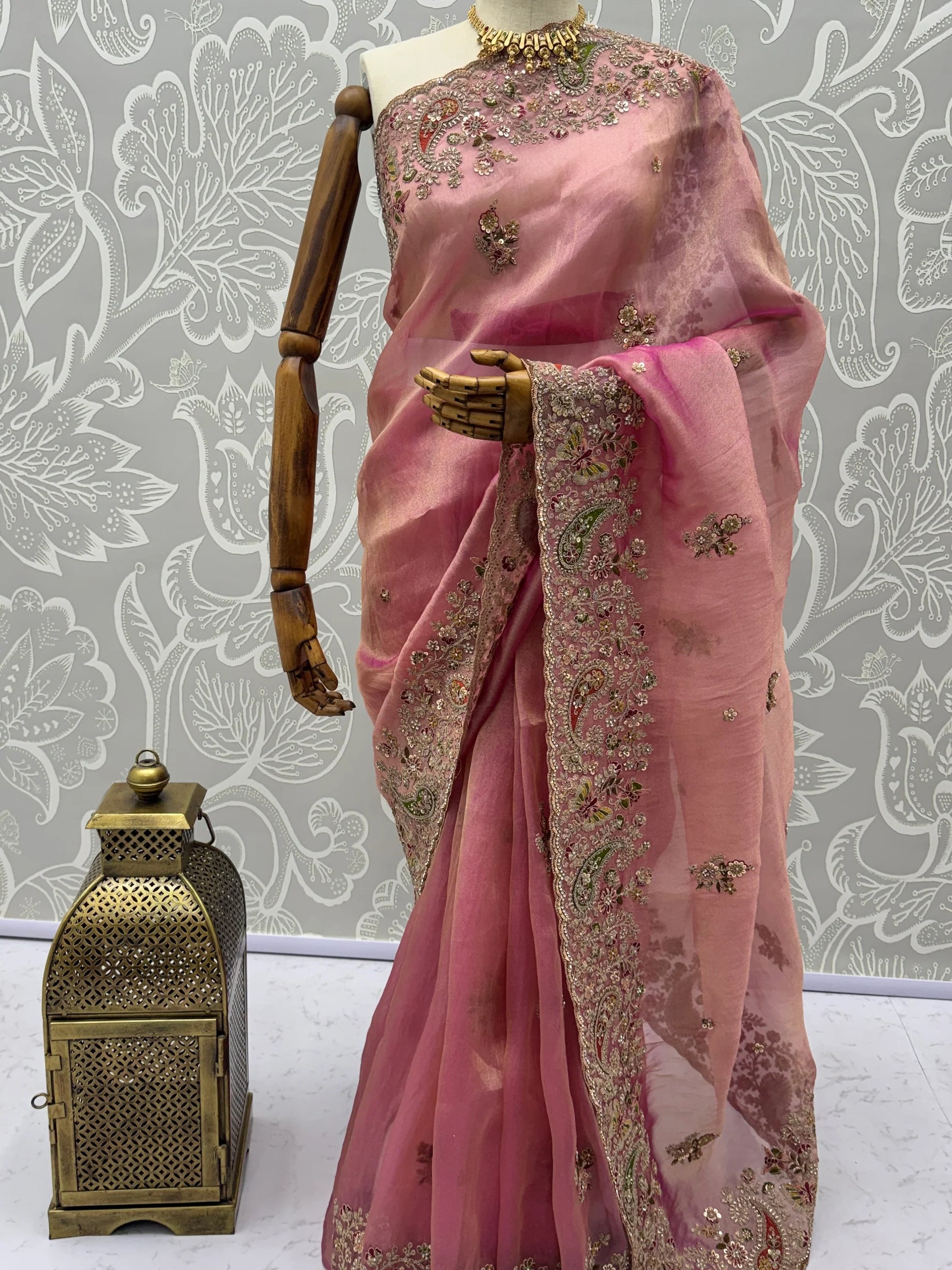 Sparkling Pink Thread Work Silk Wedding Wear Saree With Blouse