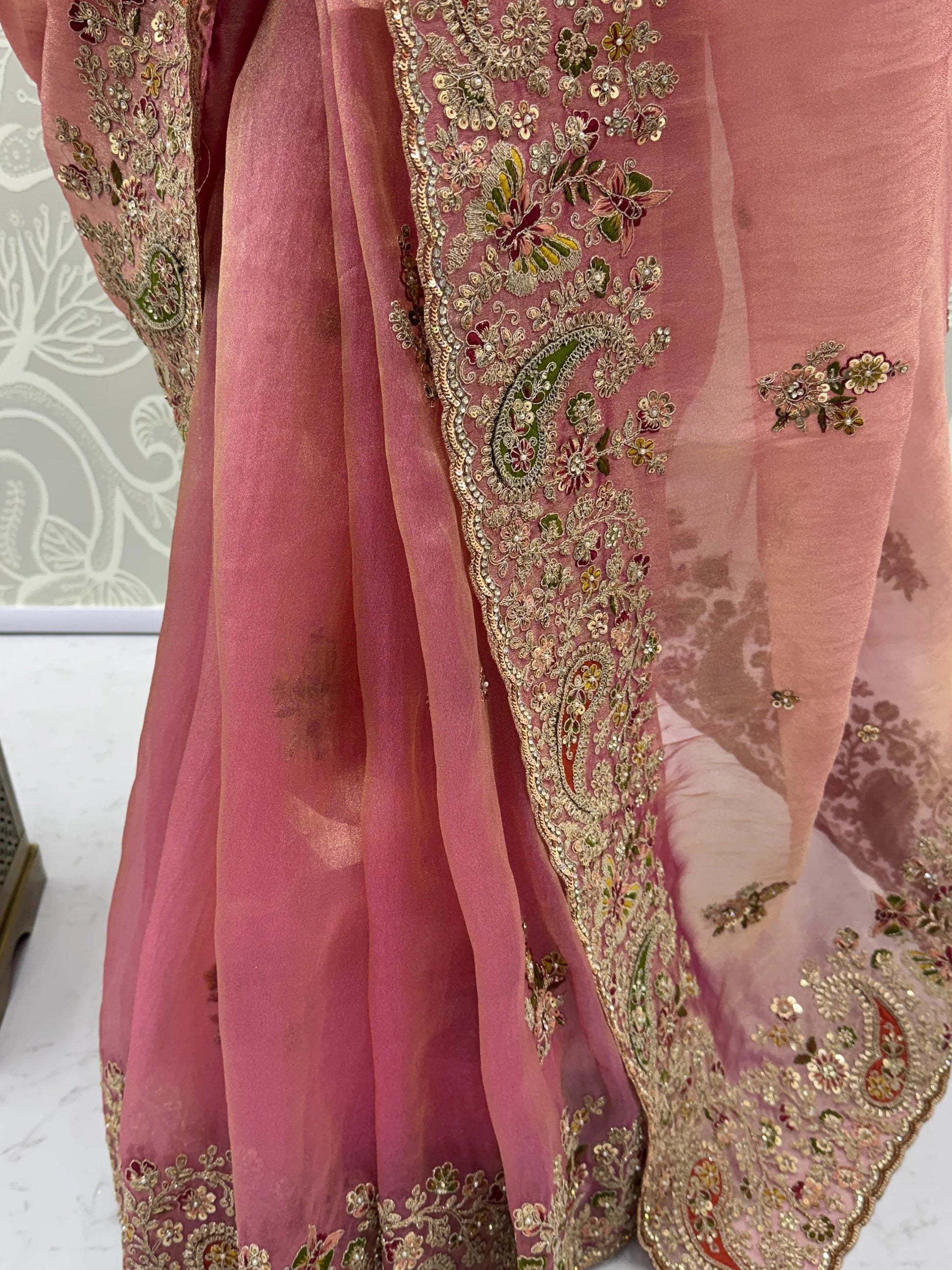 Sparkling Pink Thread Work Silk Wedding Wear Saree With Blouse