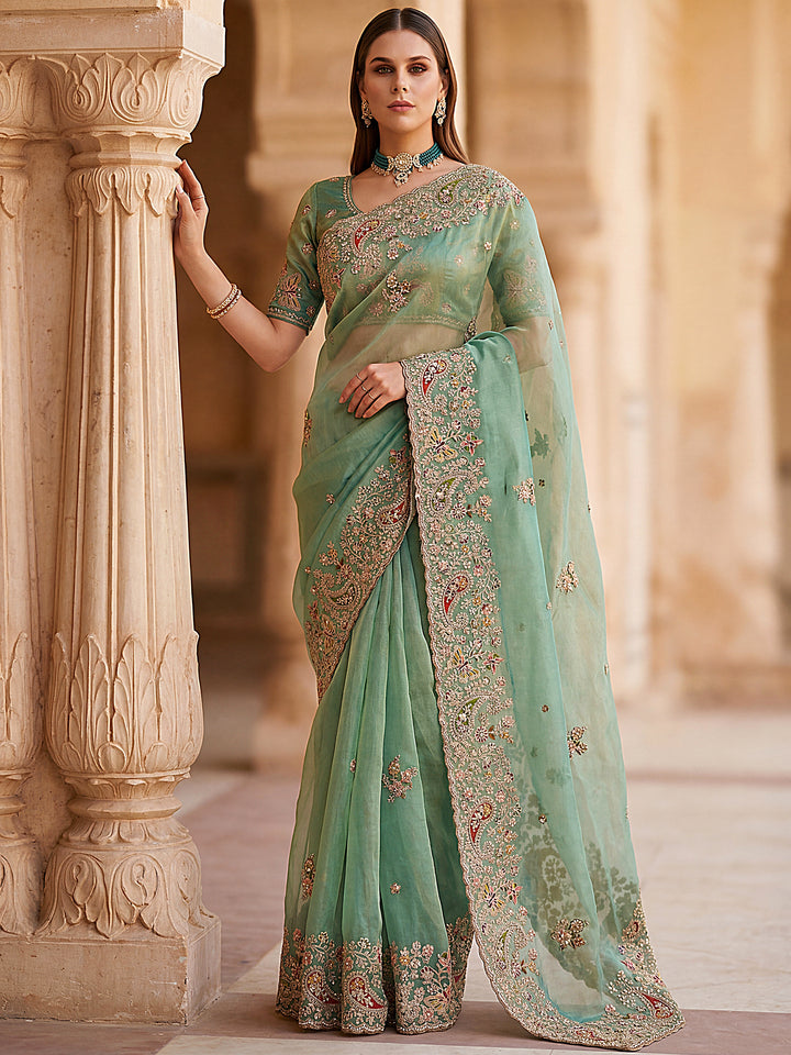 Elegant Pista Green Dori Embroidered Silk Engagement Wear Saree