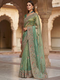 Elegant Pista Green Dori Embroidered Silk Engagement Wear Saree
