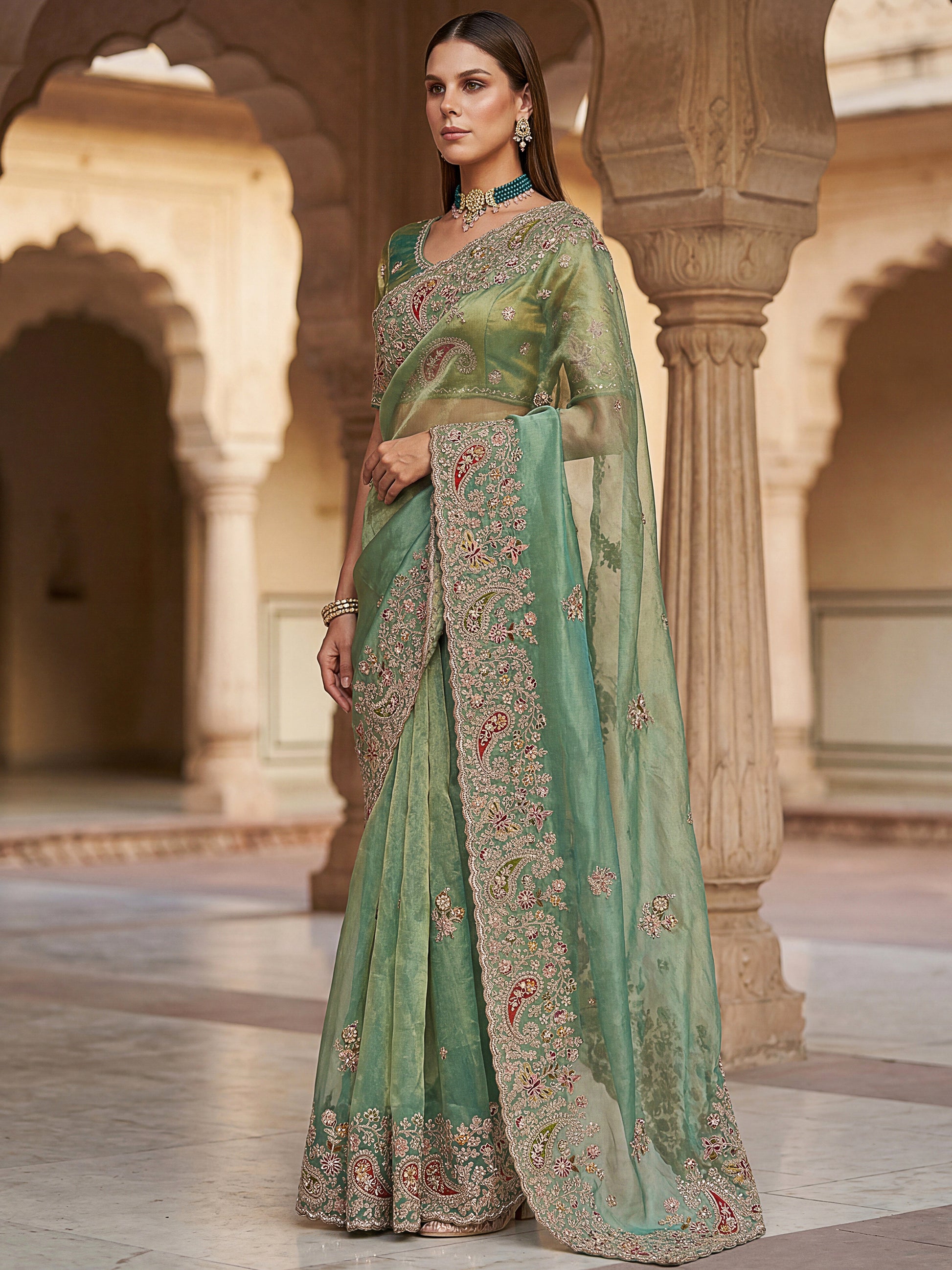 Elegant Pista Green Dori Embroidered Silk Engagement Wear Saree
