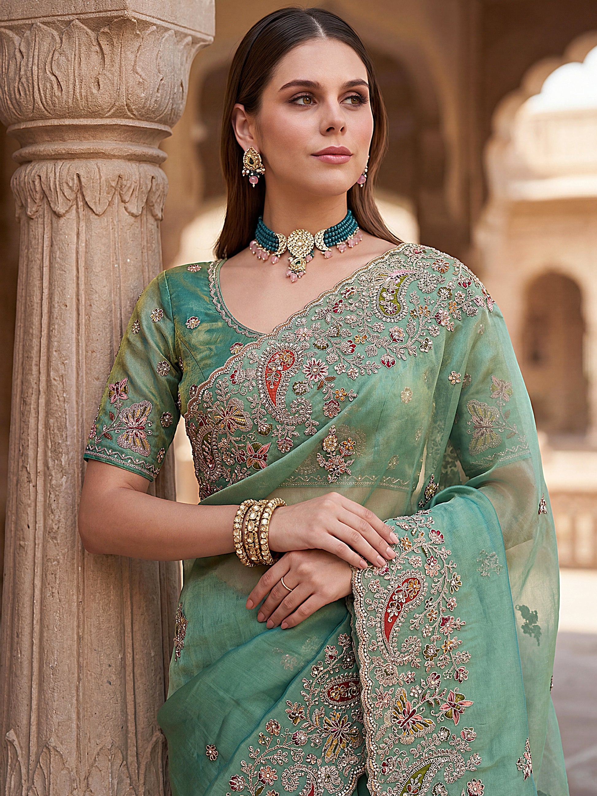Elegant Pista Green Dori Embroidered Silk Engagement Wear Saree