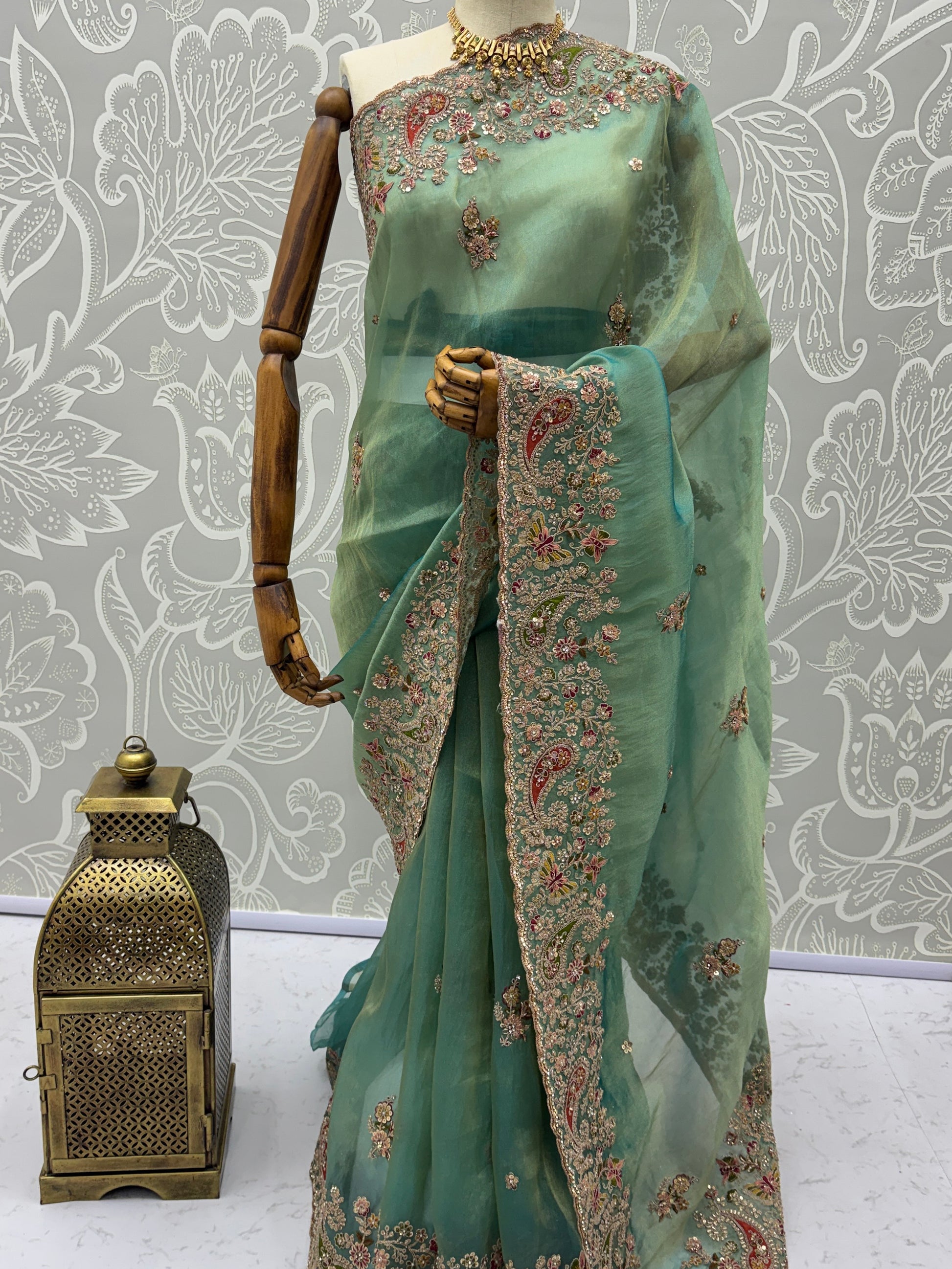Elegant Pista Green Dori Embroidered Silk Engagement Wear Saree