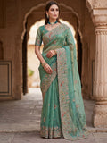Elegant Pista Green Dori Embroidered Silk Engagement Wear Saree