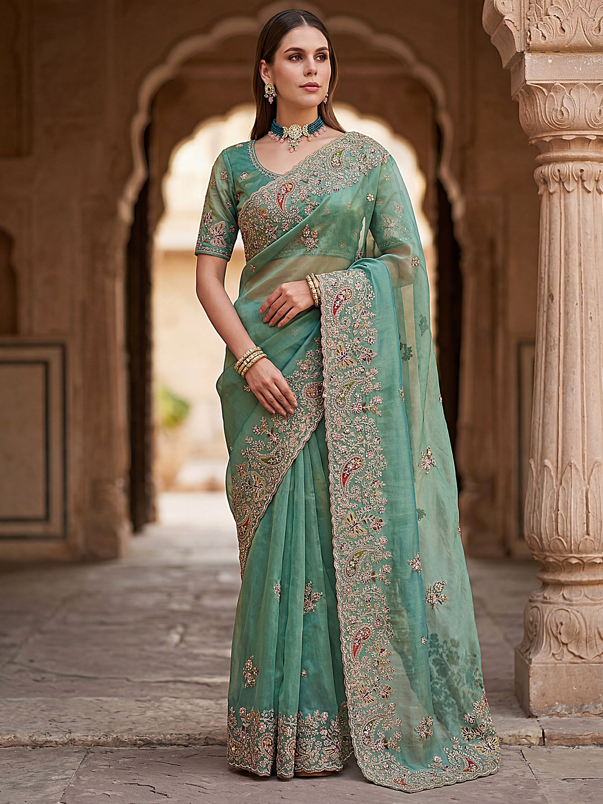 Elegant Pista Green Dori Embroidered Silk Engagement Wear Saree