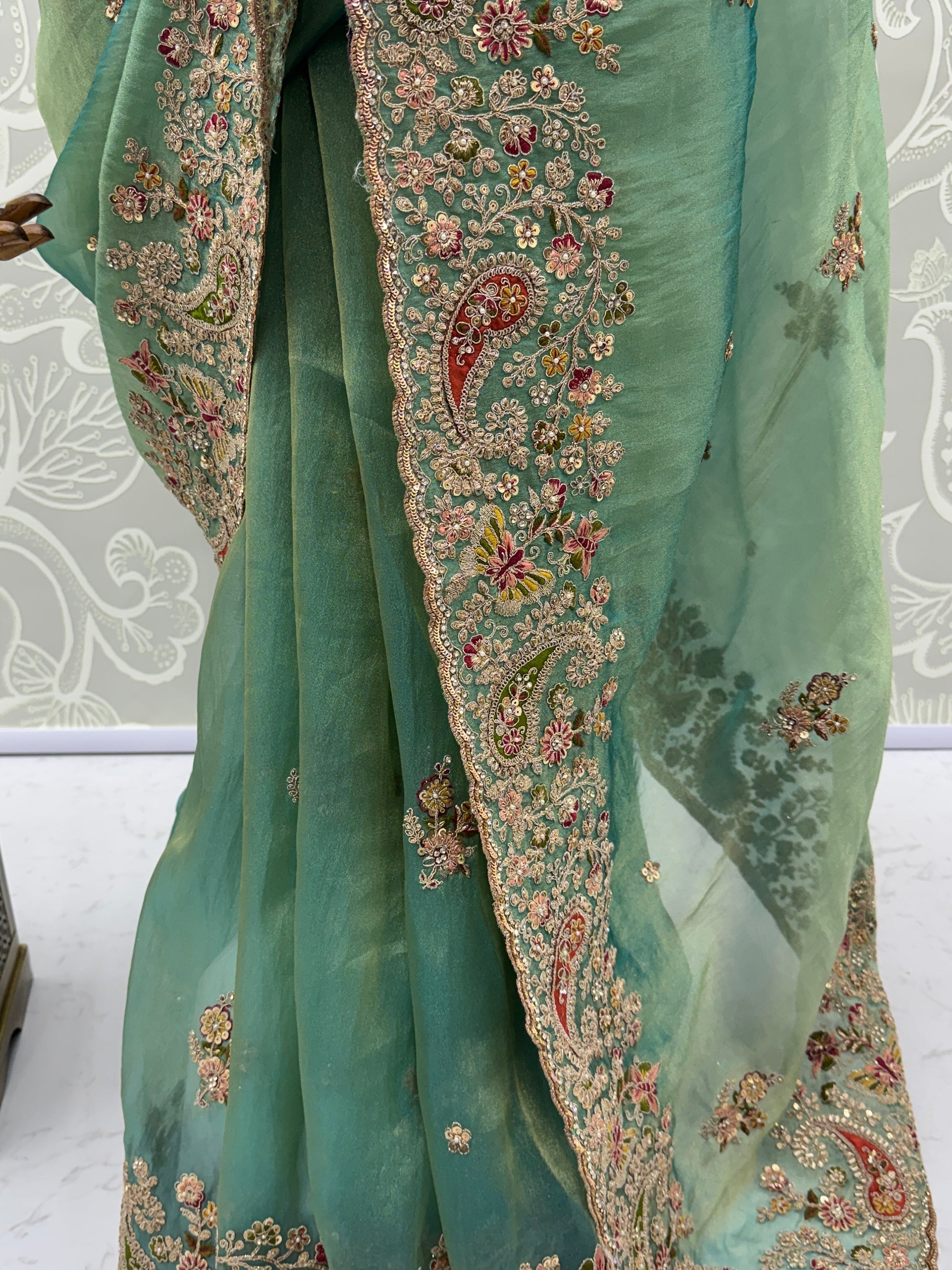 Elegant Pista Green Dori Embroidered Silk Engagement Wear Saree