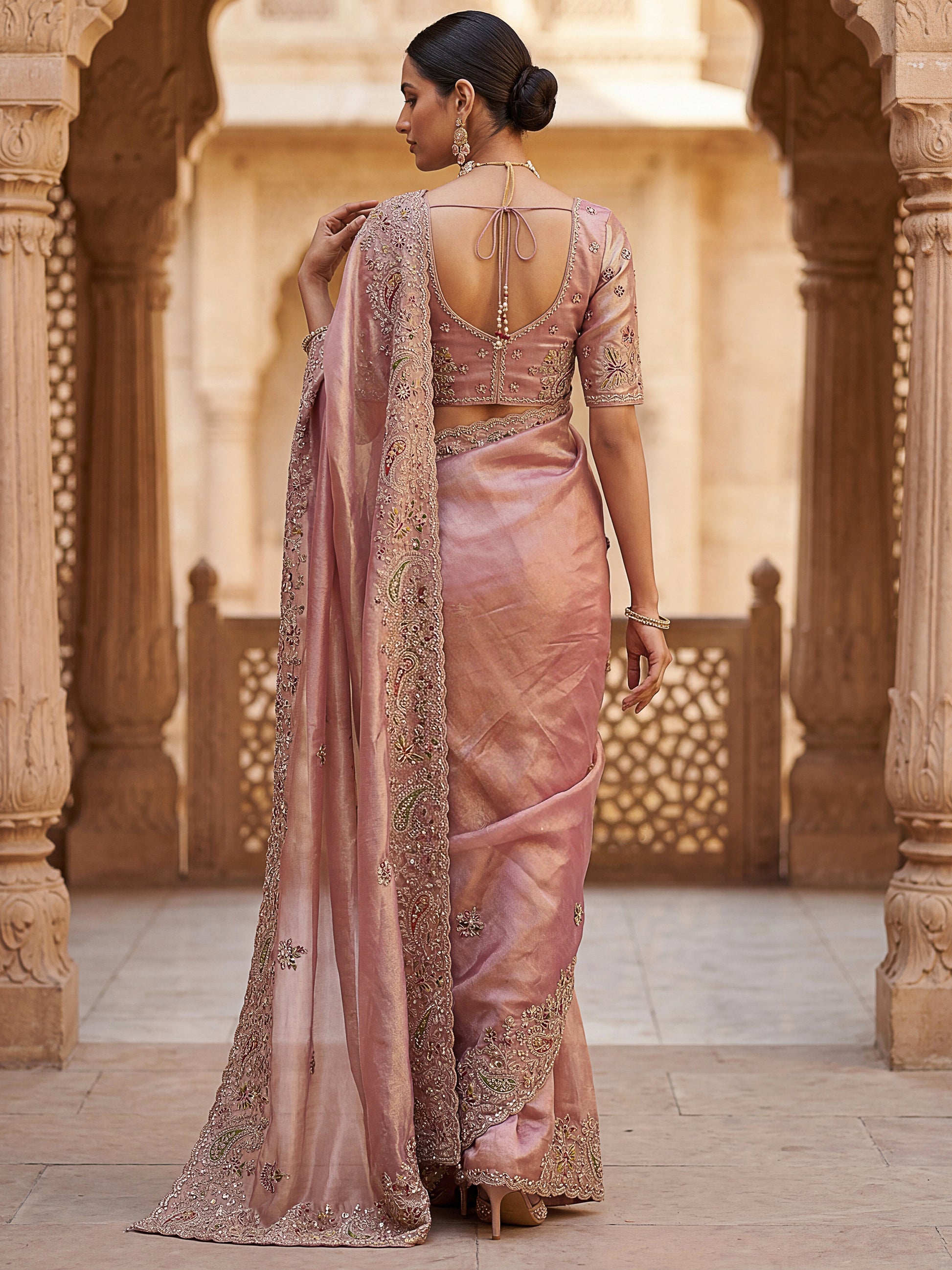 Marvelous Peach Diamond Work Silk Designer Saree With Blouse