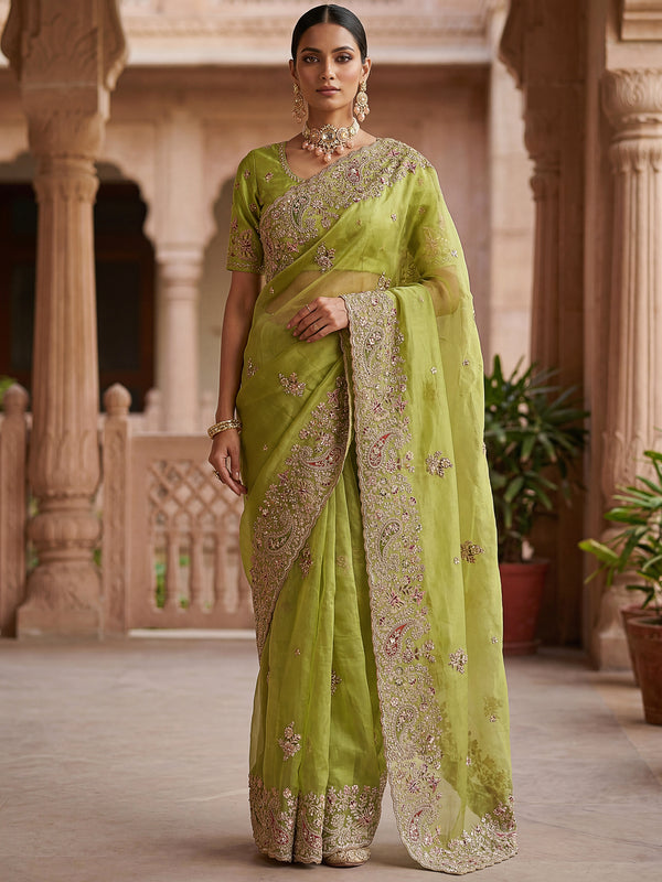 Fashionable Green Thread Work Silk Wedding Saree With Blouse