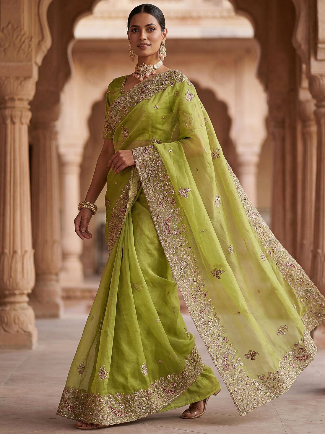 Fashionable Green Thread Work Silk Wedding Saree With Blouse
