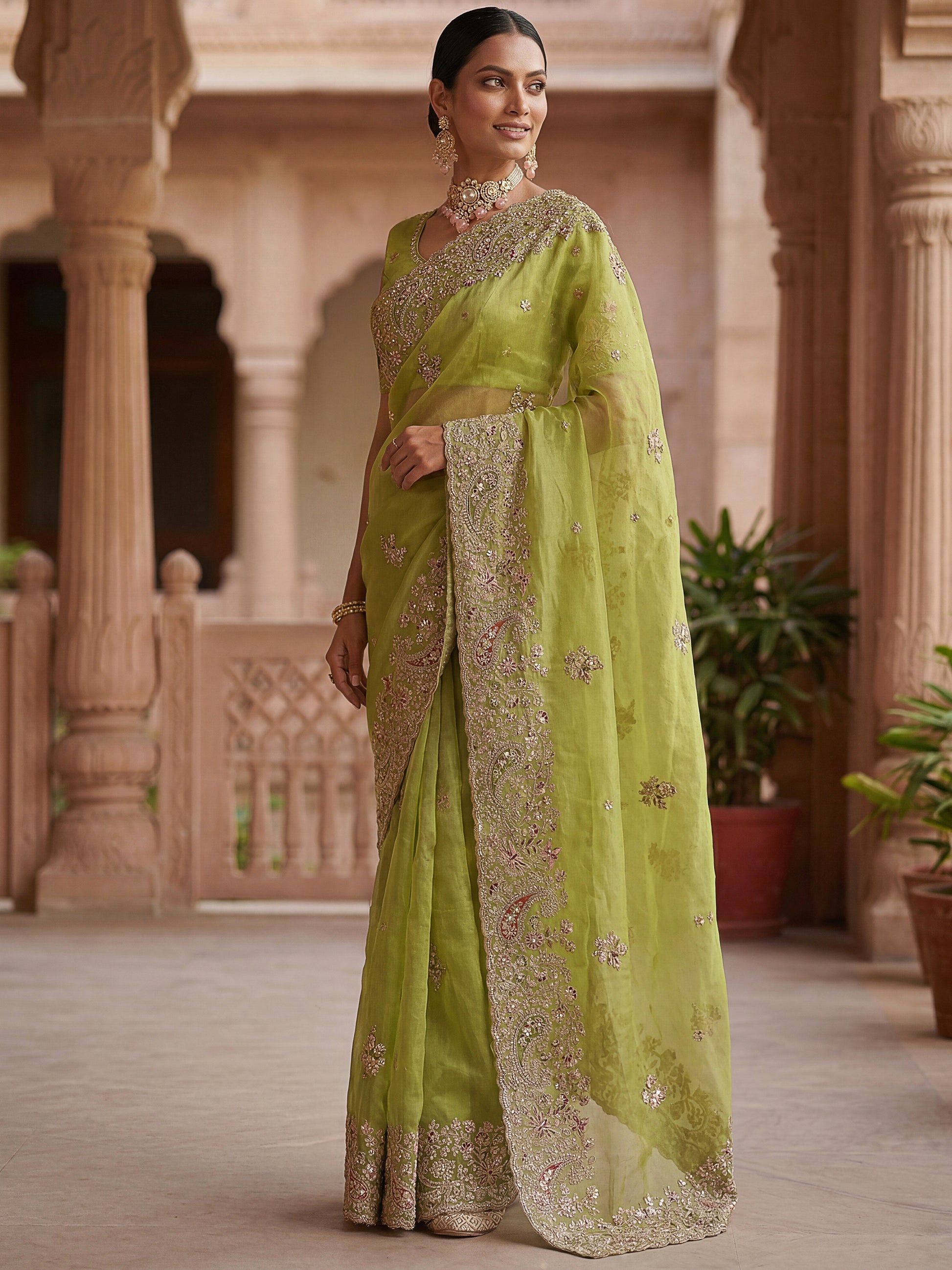 Fashionable Green Thread Work Silk Wedding Saree With Blouse