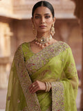 Fashionable Green Thread Work Silk Wedding Saree With Blouse