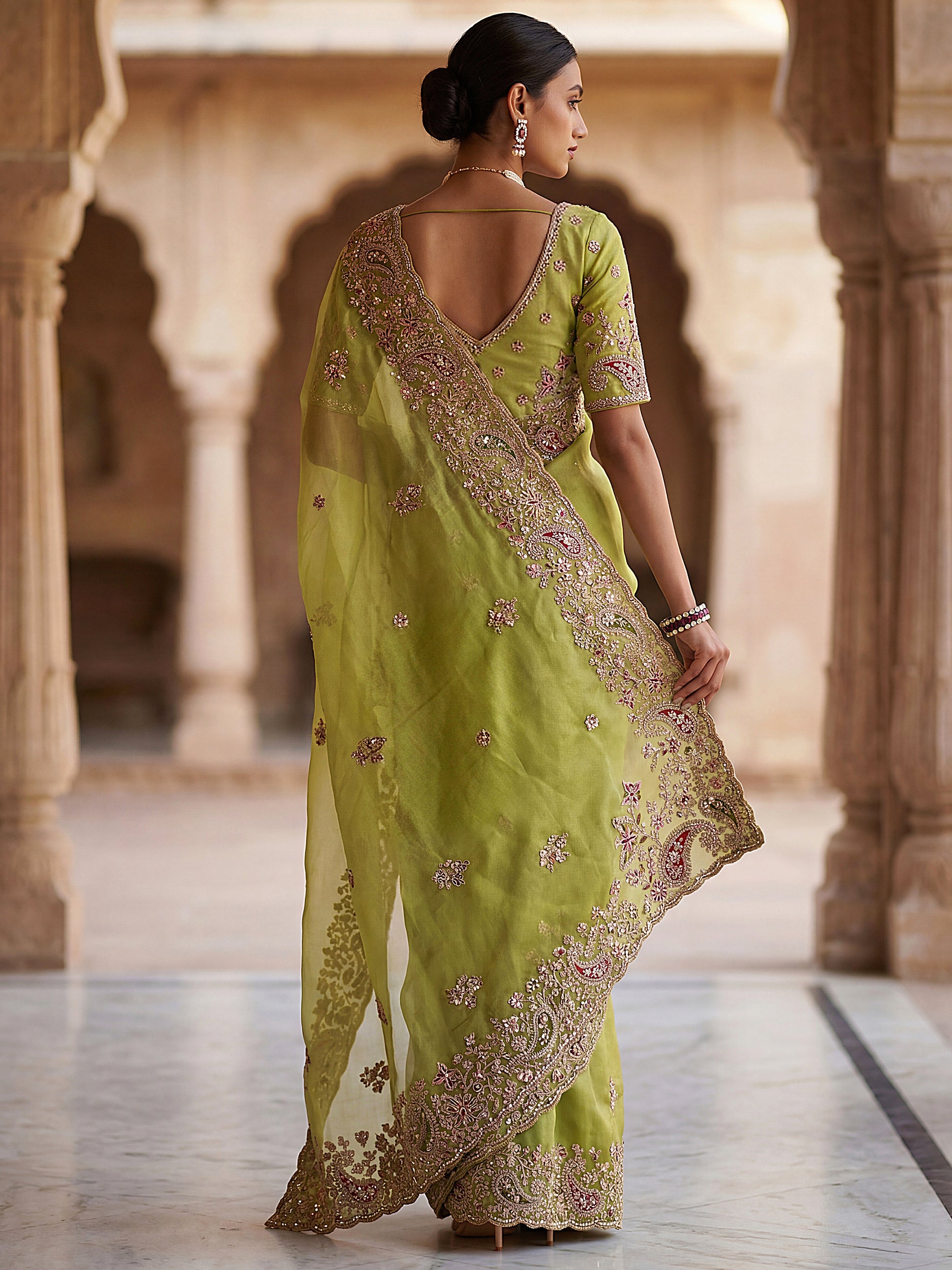 Fashionable Green Thread Work Silk Wedding Saree With Blouse