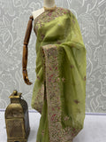 Fashionable Green Thread Work Silk Wedding Saree With Blouse