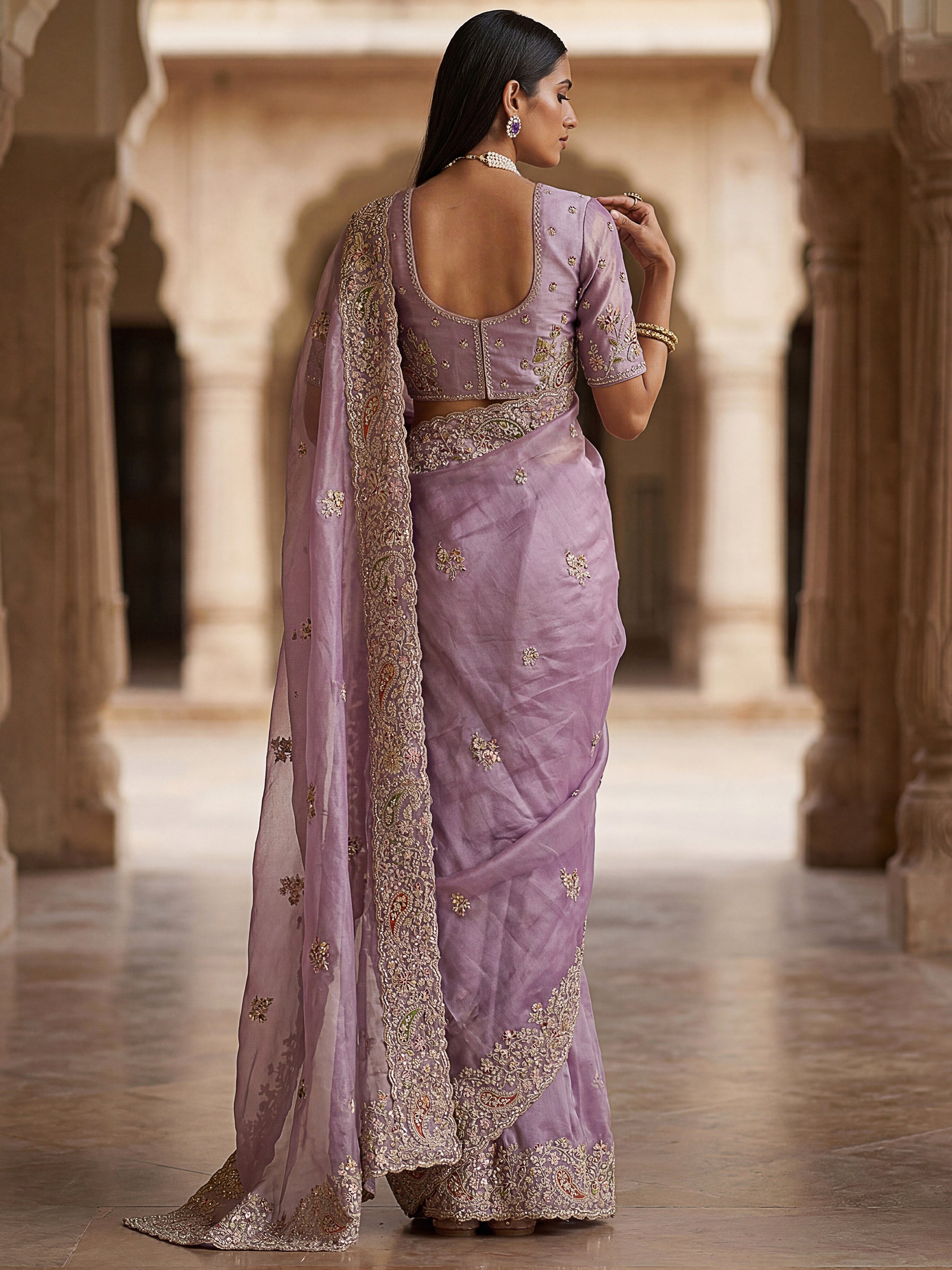 Lovable Lavender Multi-Thread Work Silk Engagement Wear Saree