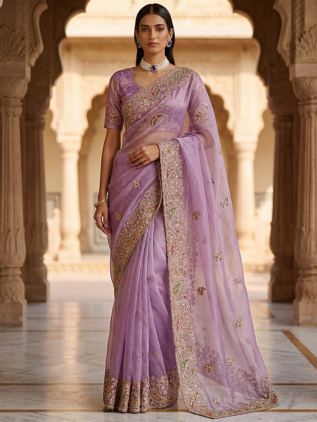 Lovable Lavender Multi-Thread Work Silk Engagement Wear Saree