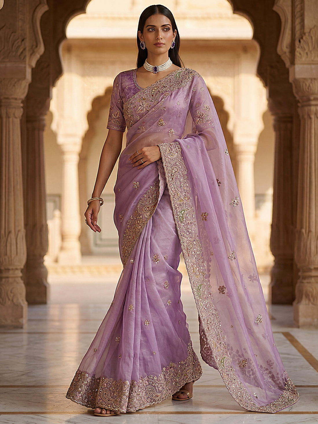 Lovable Lavender Multi-Thread Work Silk Engagement Wear Saree