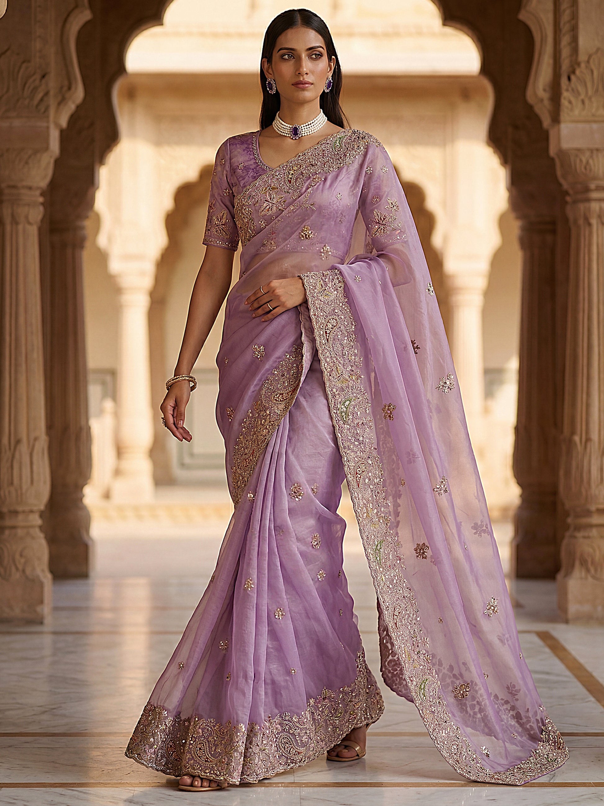 Lovable Lavender Multi-Thread Work Silk Engagement Wear Saree