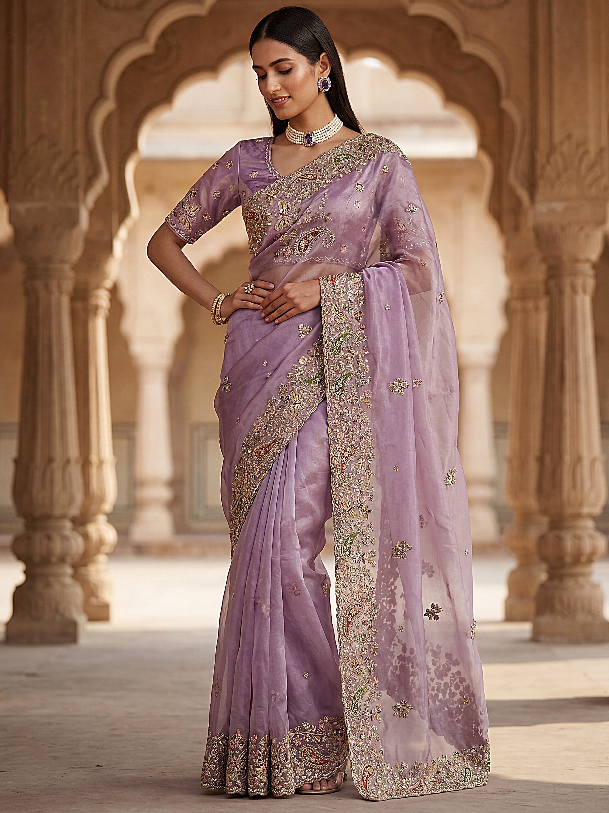 Lovable Lavender Multi-Thread Work Silk Engagement Wear Saree