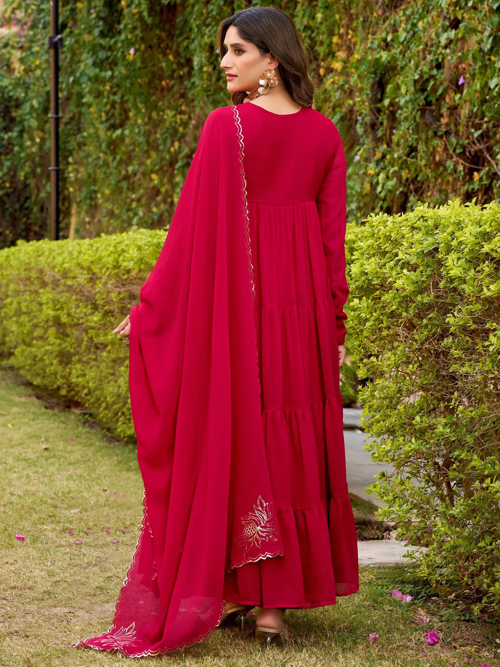 Elegant Dark Pink Foil Work Chiffon Festive Salwar Kameez With Dupatta