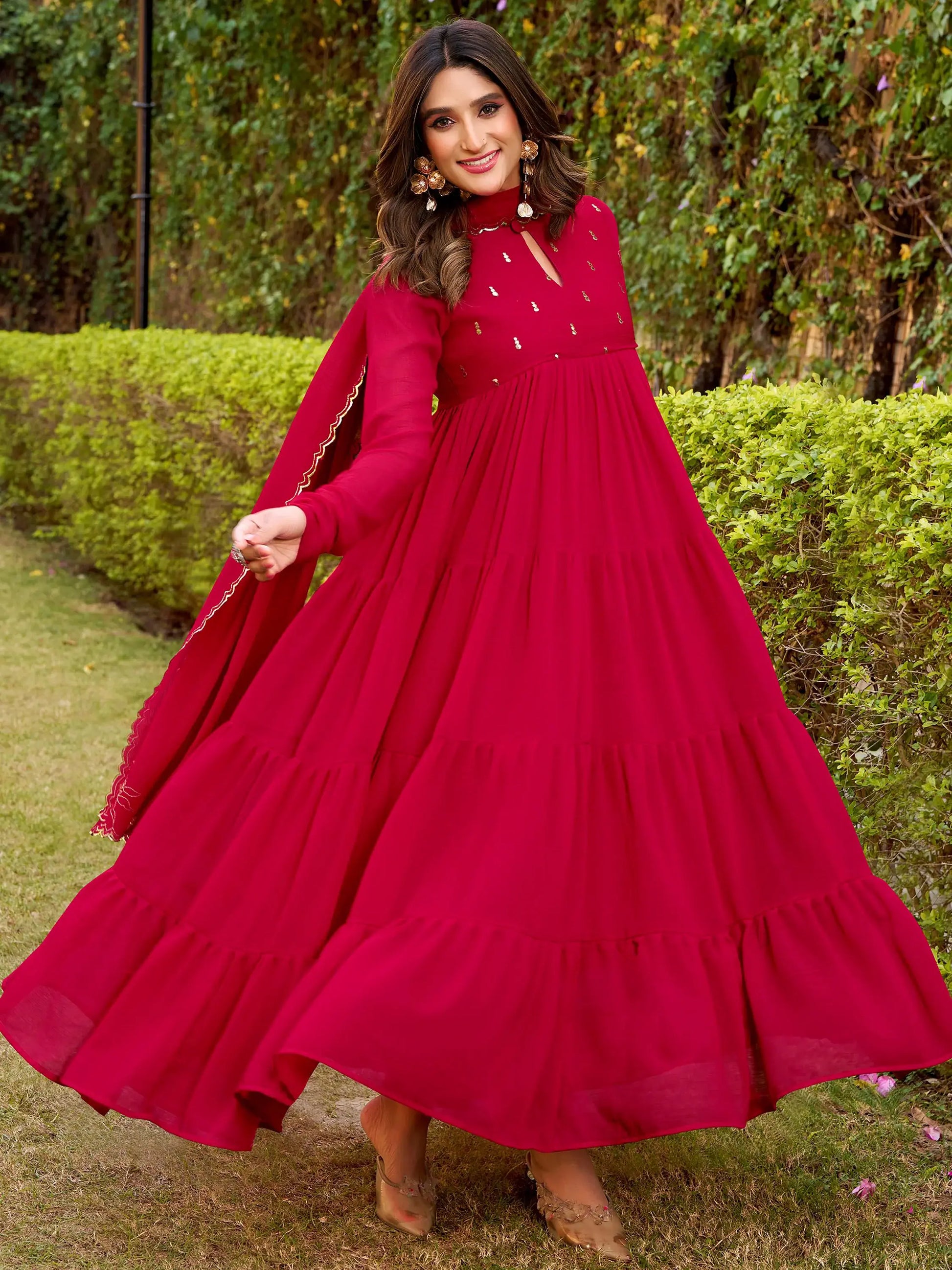 Elegant Dark Pink Foil Work Chiffon Festive Salwar Kameez With Dupatta