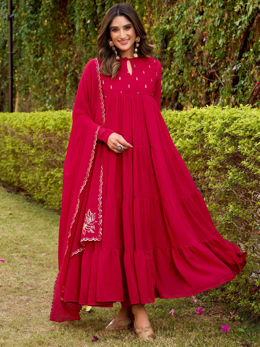 Elegant Dark Pink Foil Work Chiffon Festive Salwar Kameez With Dupatta