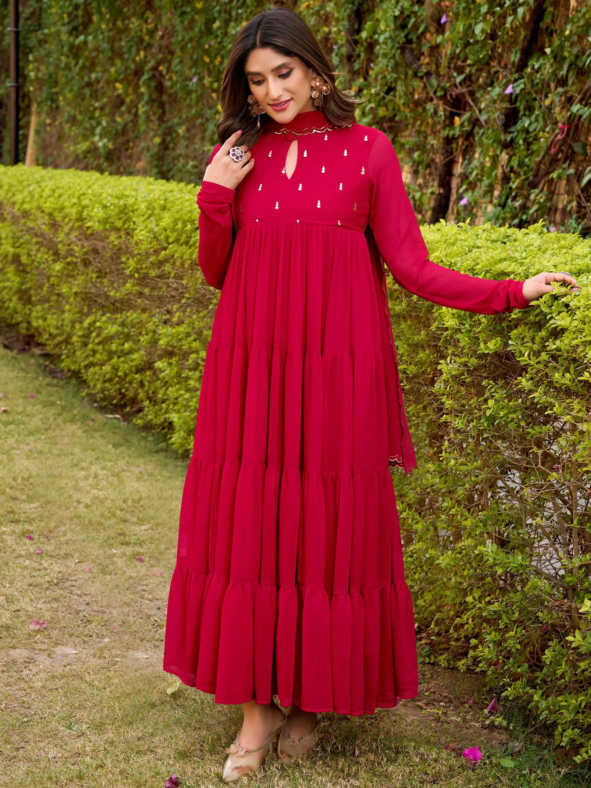 Elegant Dark Pink Foil Work Chiffon Festive Salwar Kameez With Dupatta
