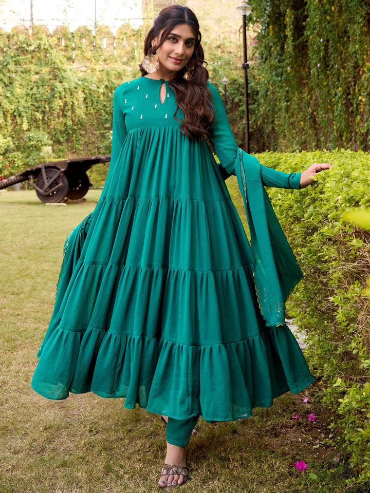 Cute Teal Green Foil Work Chiffon Festive Wear Salwar With Dupatta