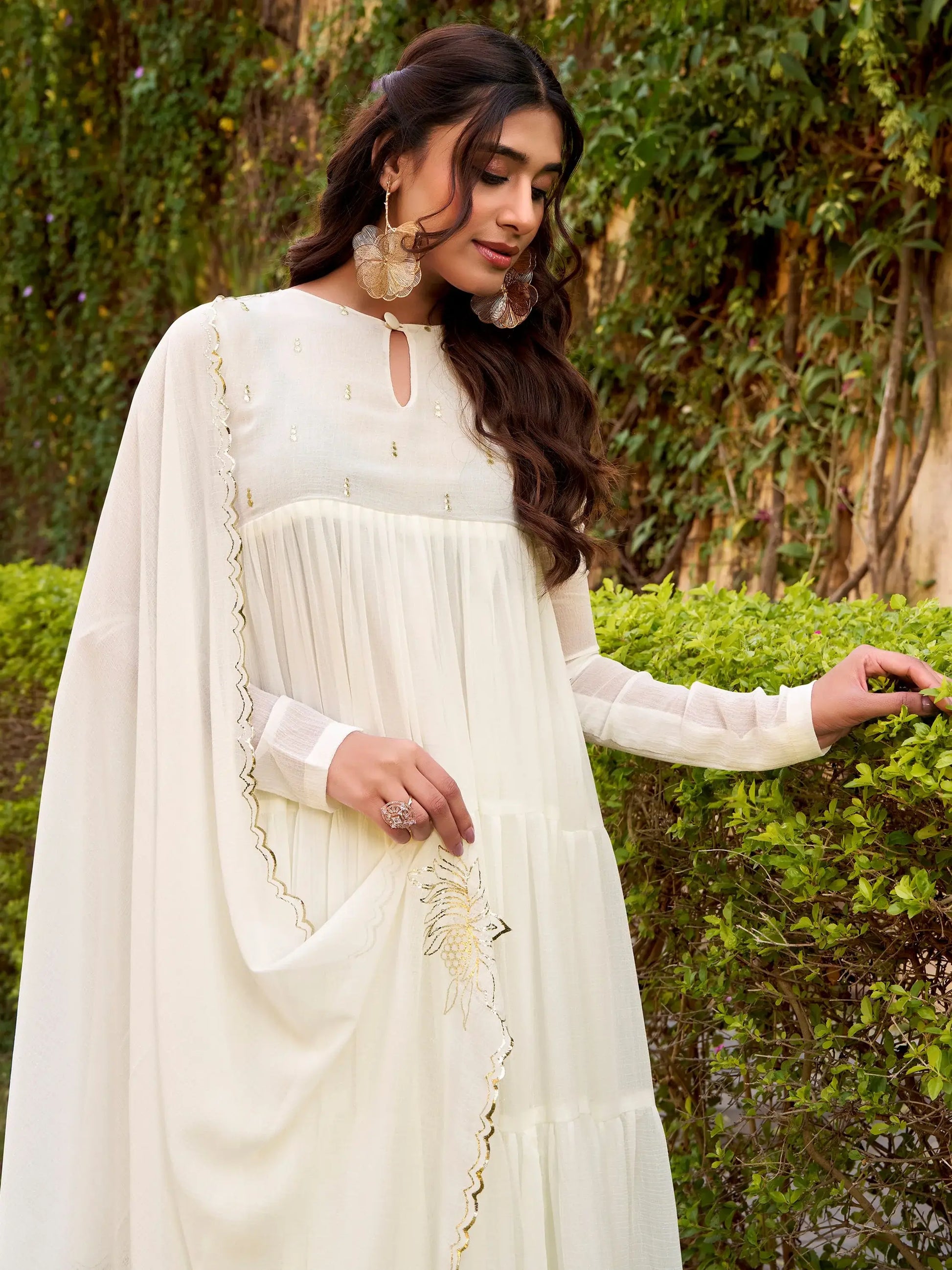 Charming White Foil Work Chiffon Festive Salwar Kameez With Dupatta