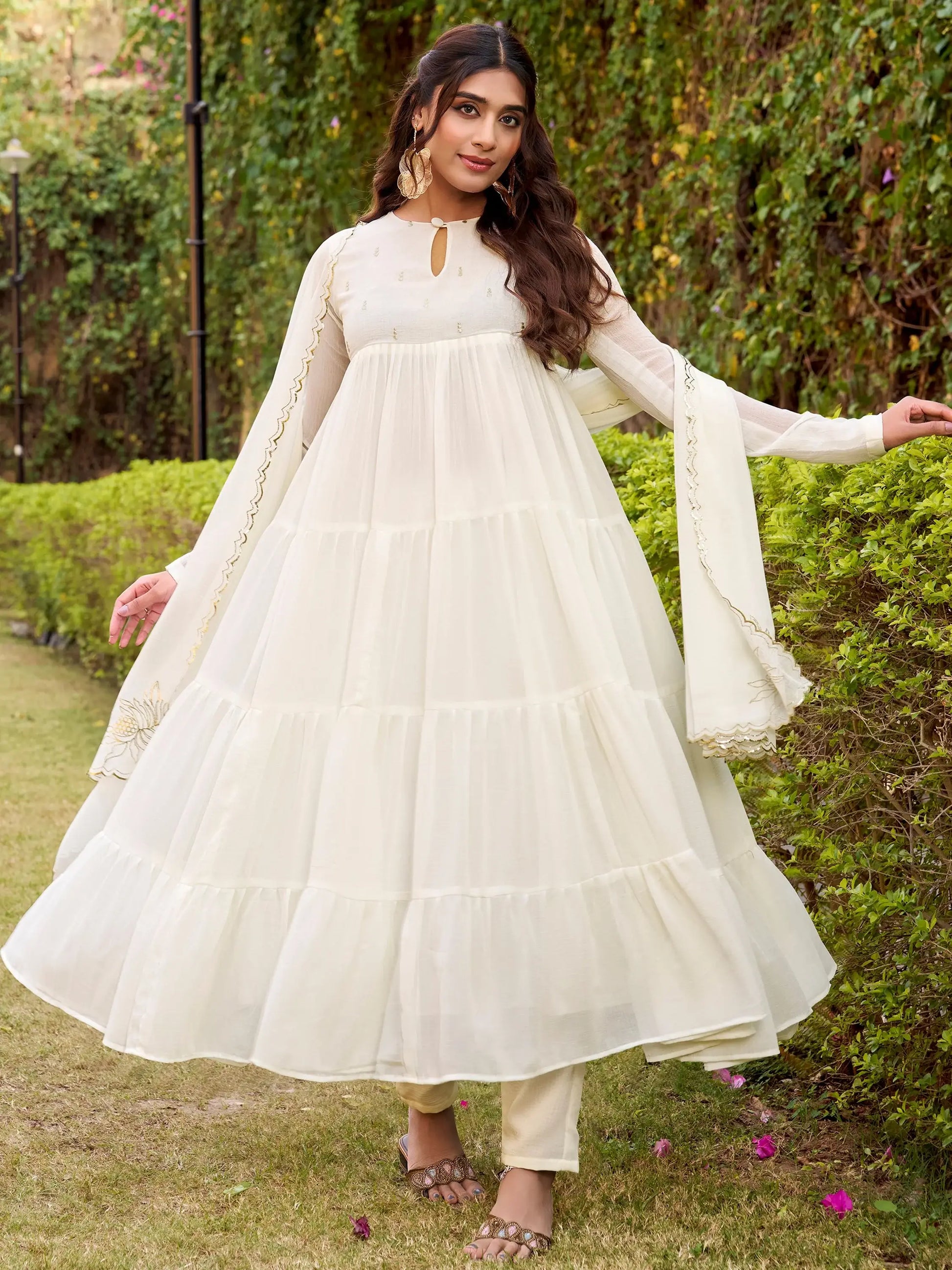 Charming White Foil Work Chiffon Festive Salwar Kameez With Dupatta