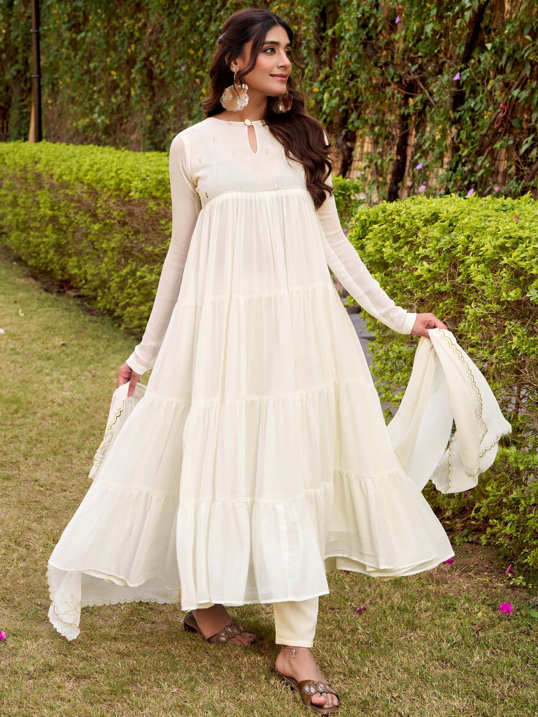 Charming White Foil Work Chiffon Festive Salwar Kameez With Dupatta