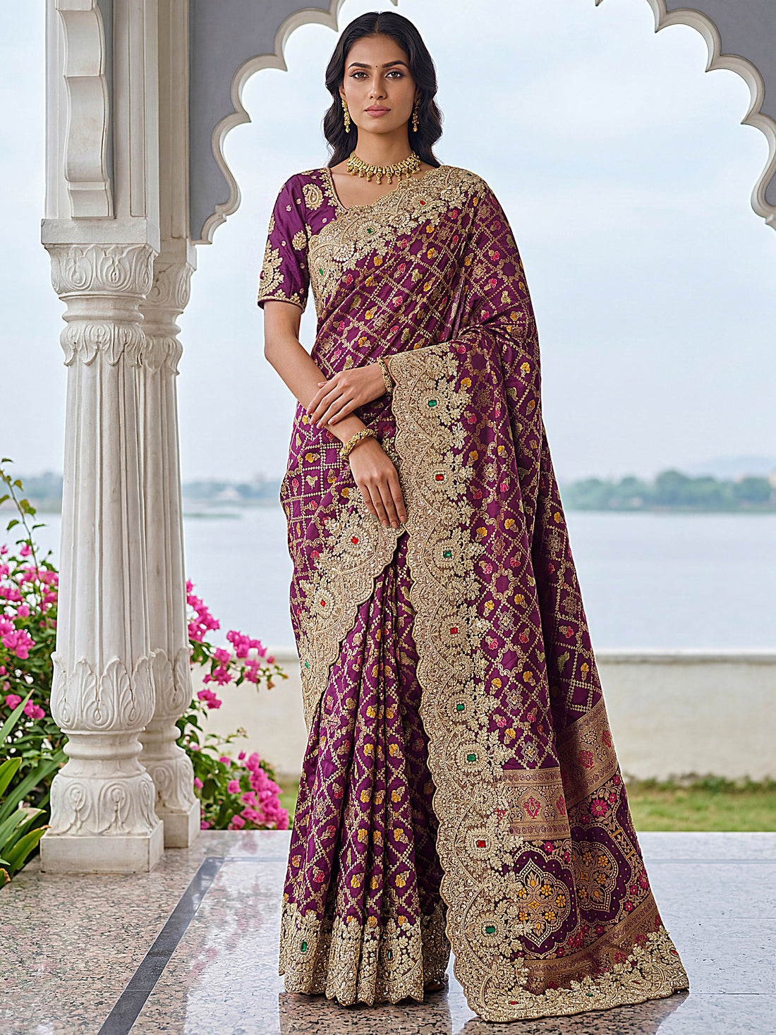 Incredible Purple Dori Embroidered Silk Wedding Saree With Blouse