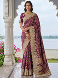 Incredible Purple Dori Embroidered Silk Wedding Saree With Blouse