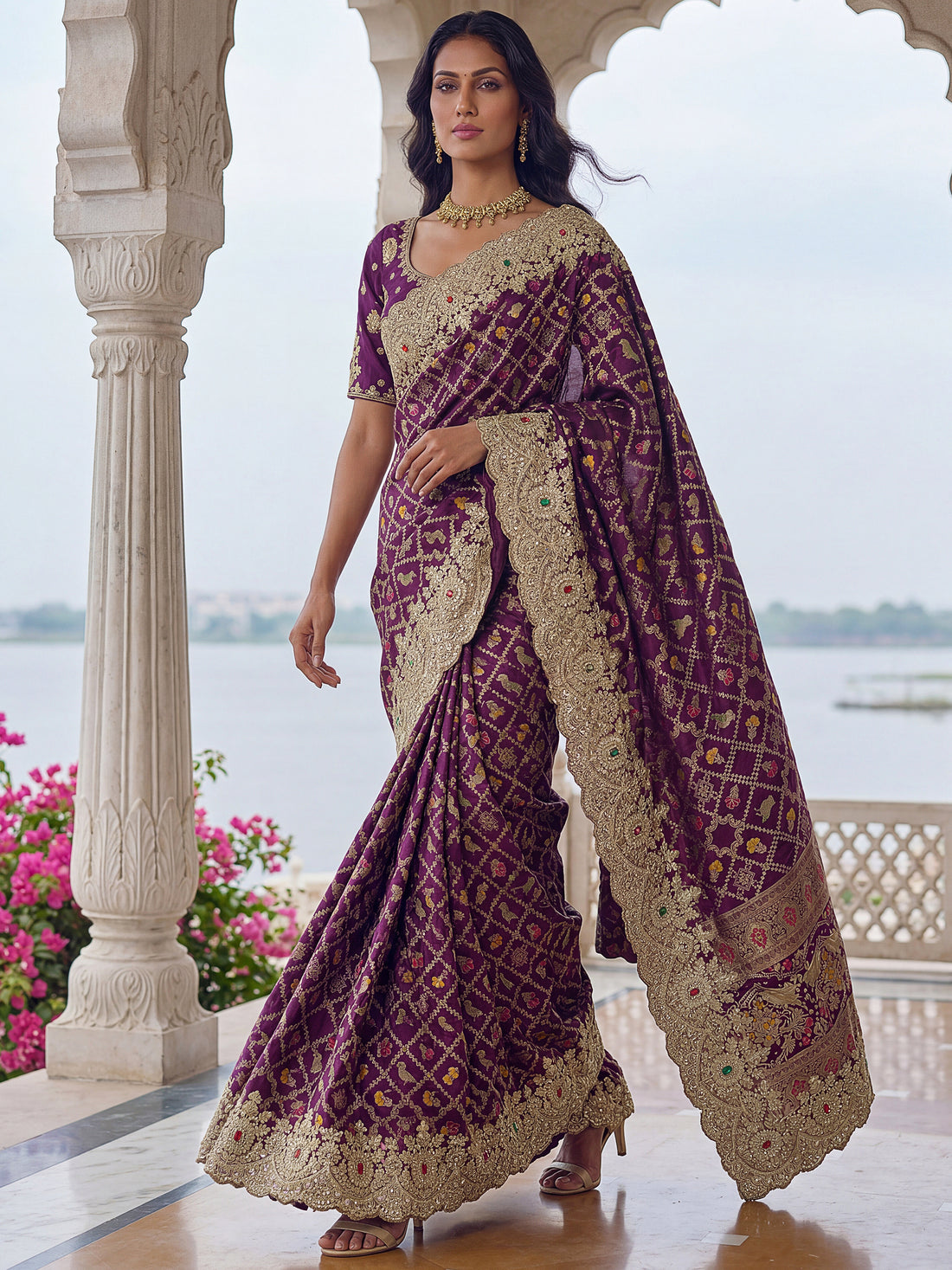 Incredible Purple Dori Embroidered Silk Wedding Saree With Blouse