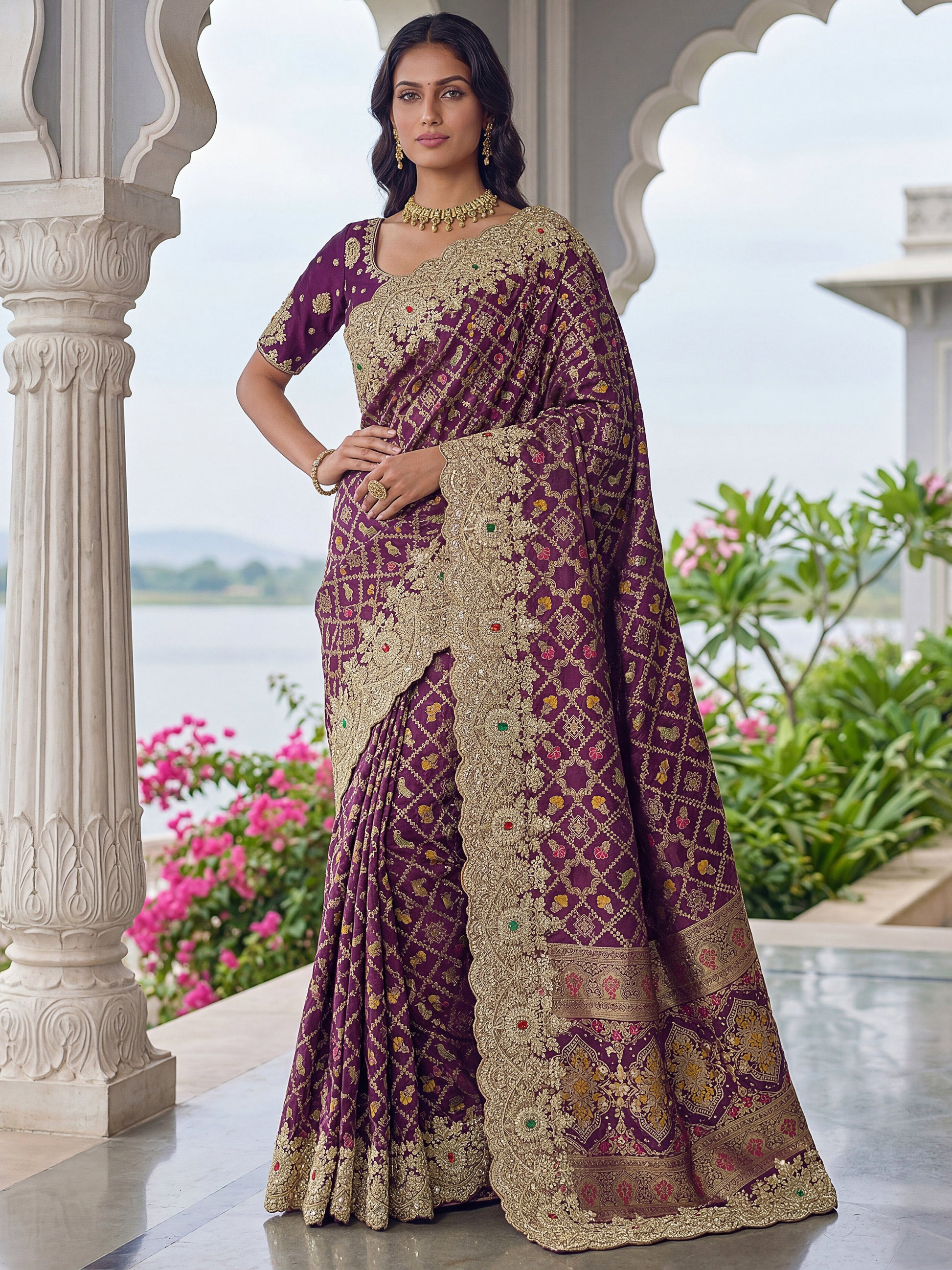 Incredible Purple Dori Embroidered Silk Wedding Saree With Blouse