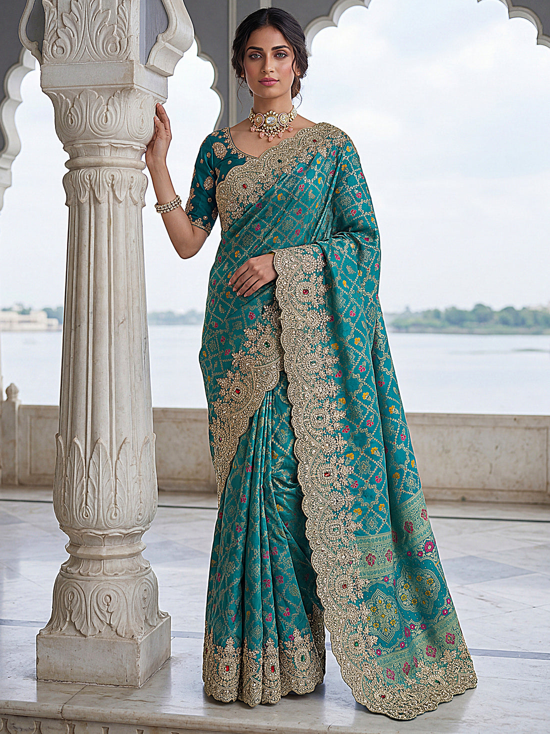 Rich Teal Green Zari Weaving Silk Bridesmaid Saree With Blouse