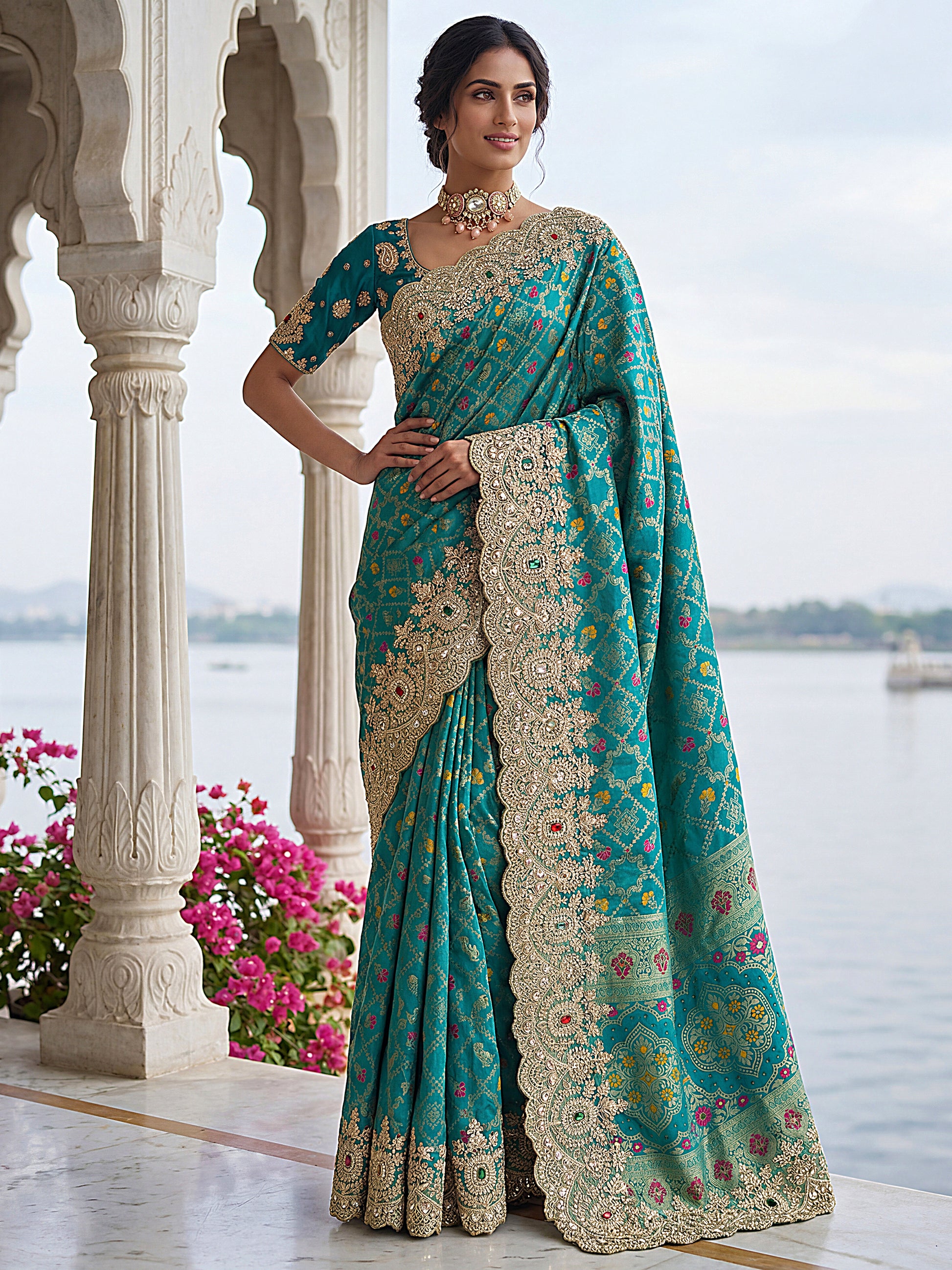 Rich Teal Green Zari Weaving Silk Bridesmaid Saree With Blouse