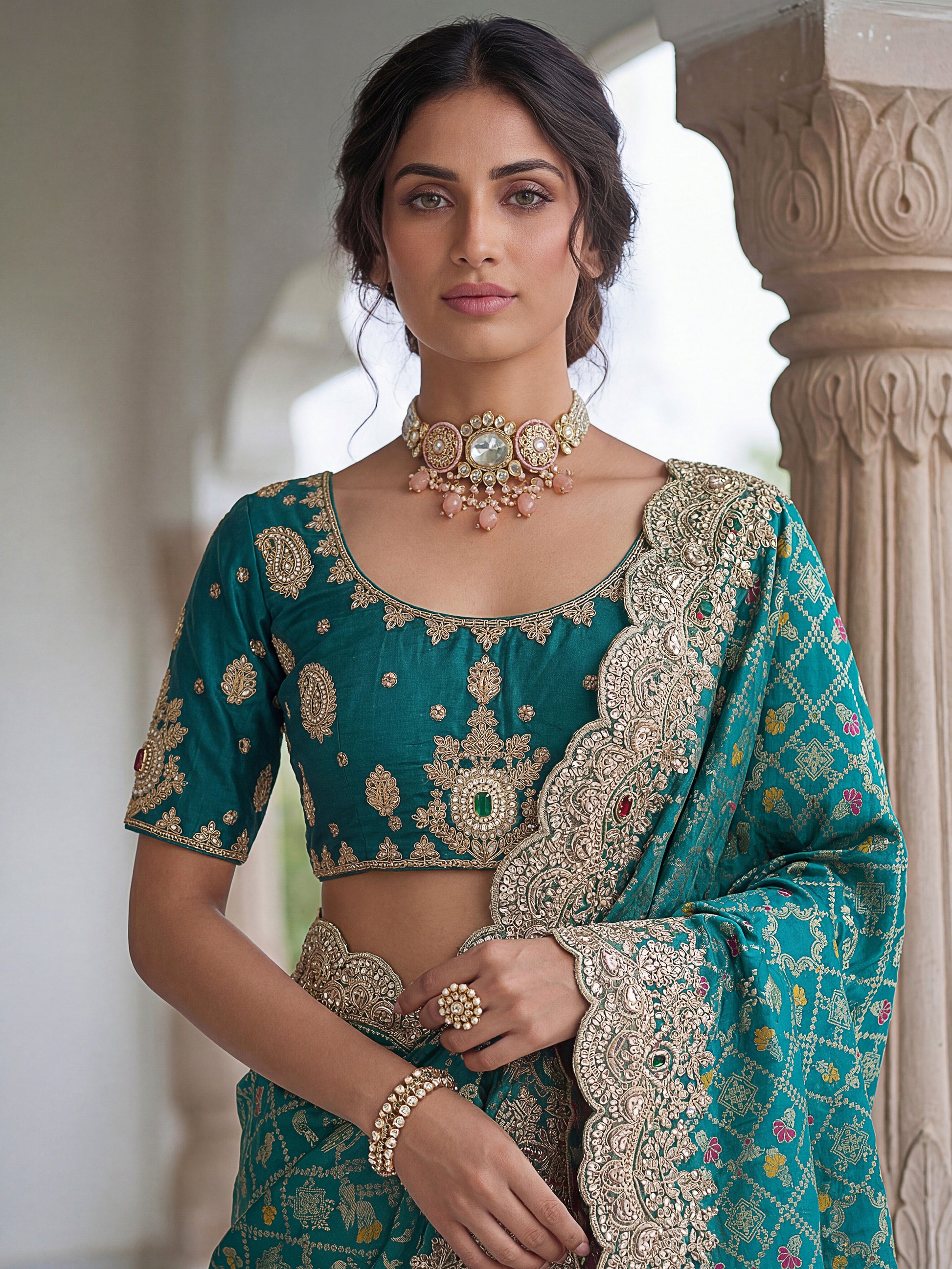Rich Teal Green Zari Weaving Silk Bridesmaid Saree With Blouse