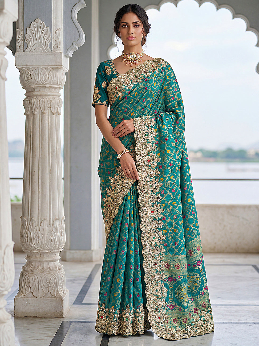 Rich Teal Green Zari Weaving Silk Bridesmaid Saree With Blouse