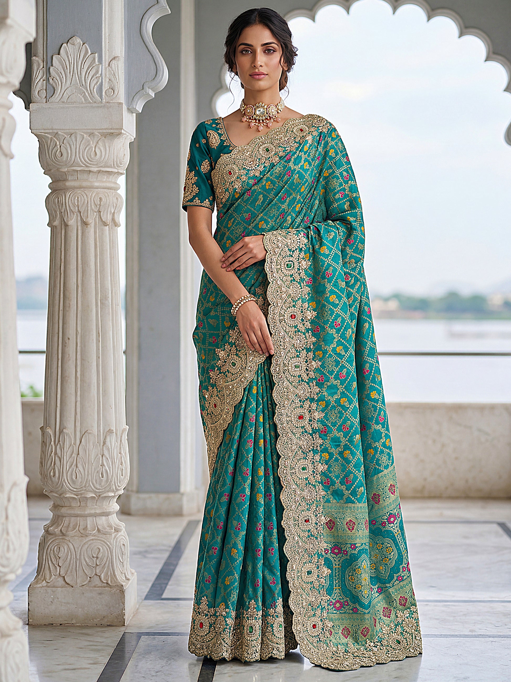 Rich Teal Green Zari Weaving Silk Bridesmaid Saree With Blouse