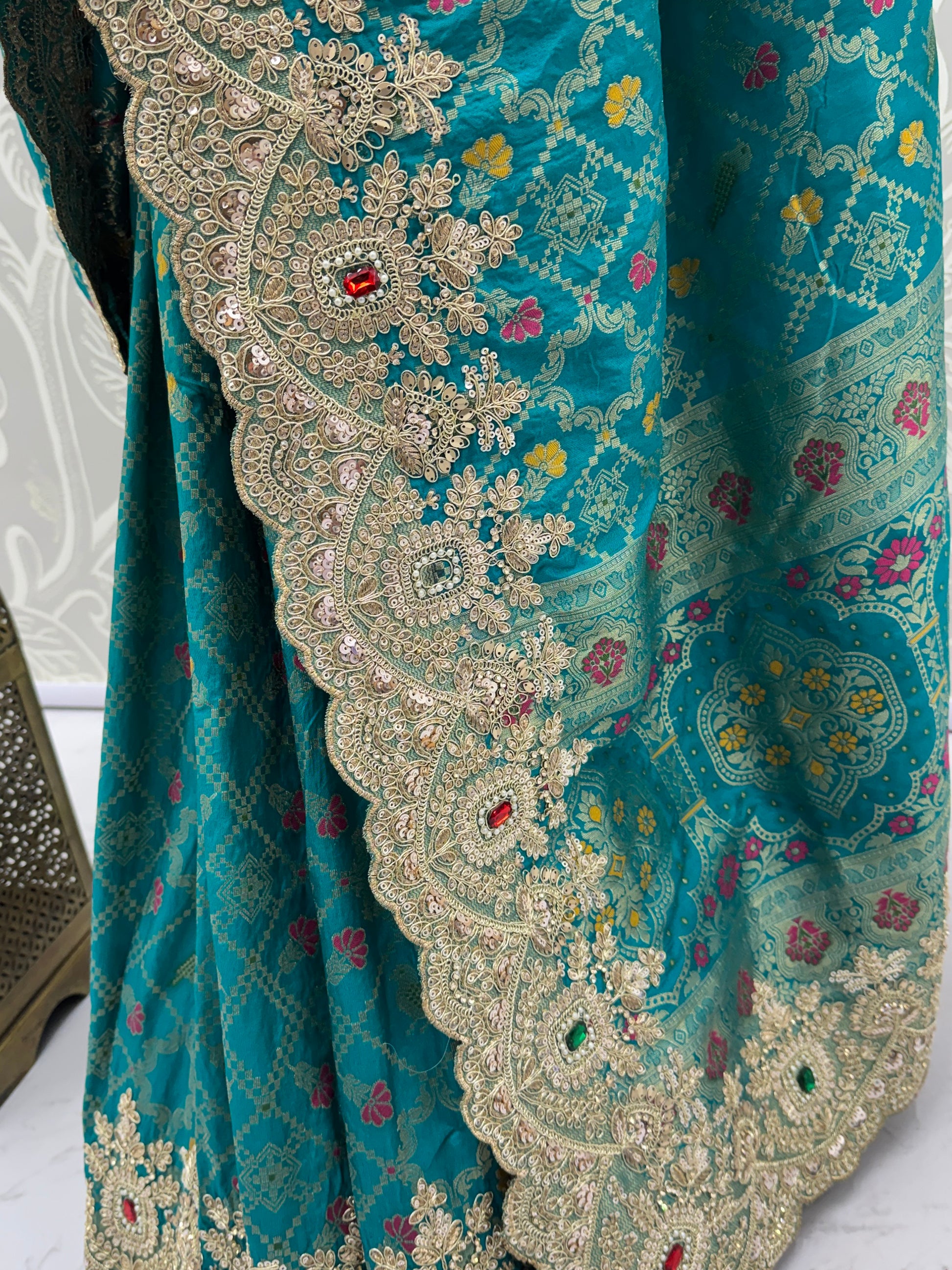 Rich Teal Green Zari Weaving Silk Bridesmaid Saree With Blouse