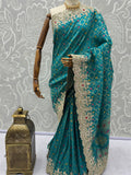 Rich Teal Green Zari Weaving Silk Bridesmaid Saree With Blouse