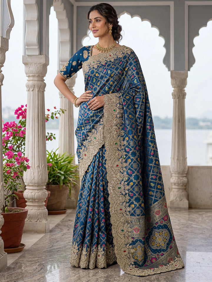 Amazing Navy Blue Dori Embroidered Silk Engagement Wear Saree