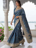 Amazing Navy Blue Dori Embroidered Silk Engagement Wear Saree