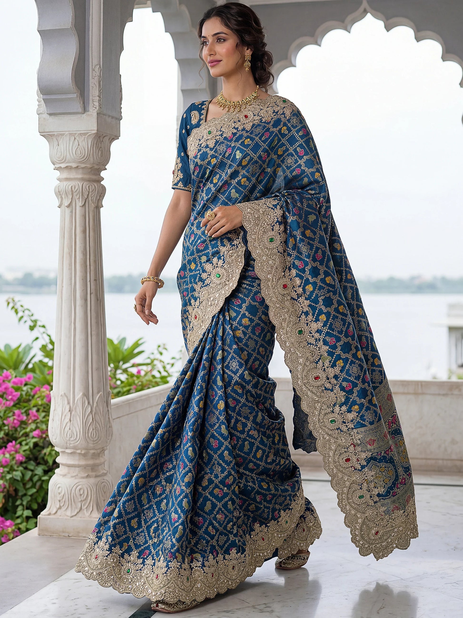 Amazing Navy Blue Dori Embroidered Silk Engagement Wear Saree