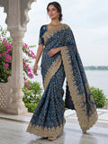Amazing Navy Blue Dori Embroidered Silk Engagement Wear Saree